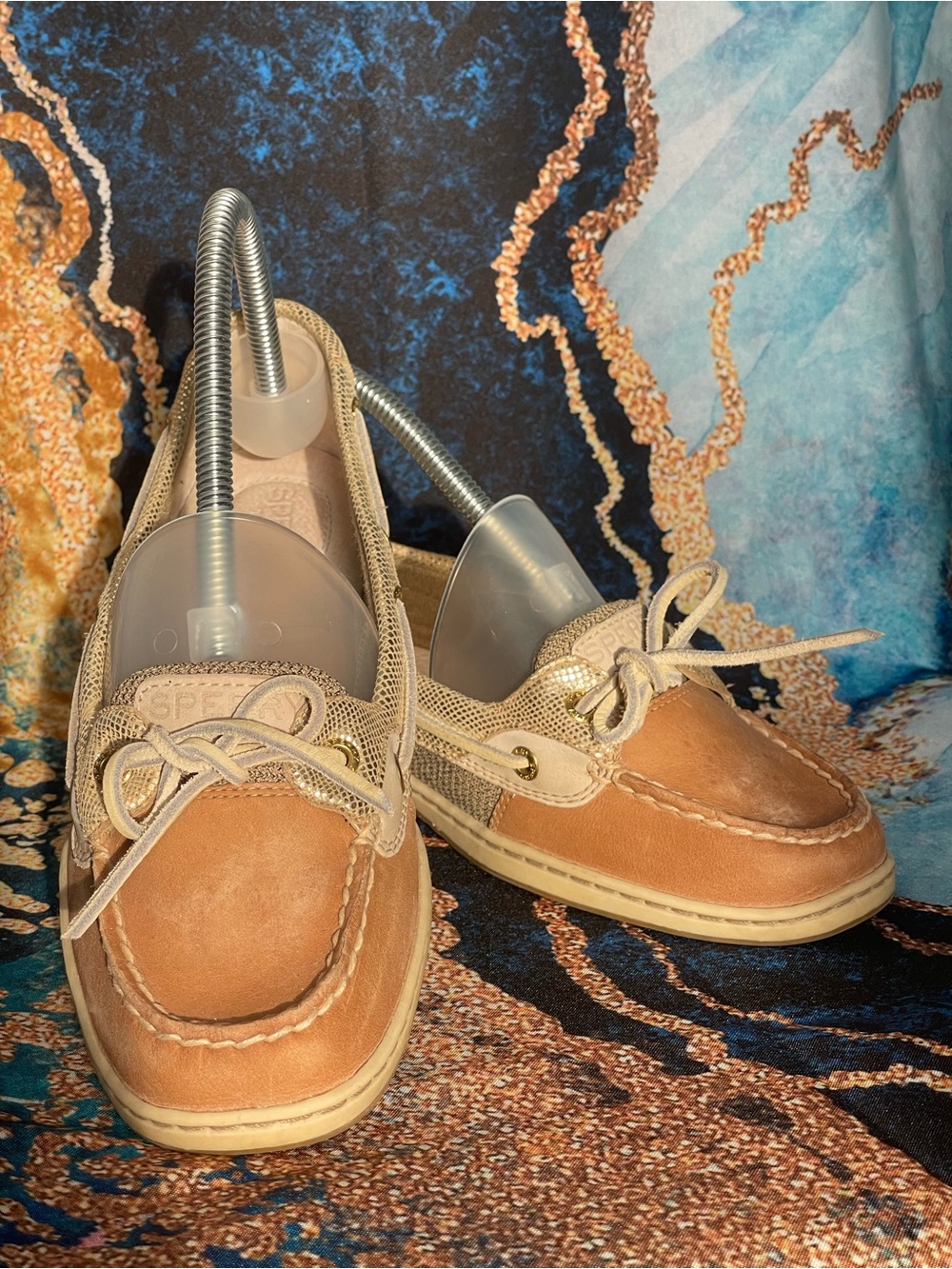 Sperry Top-Sider Women’s 8.5M Boat Shoes Tan Leather Fabric Lace  Casual Preppy